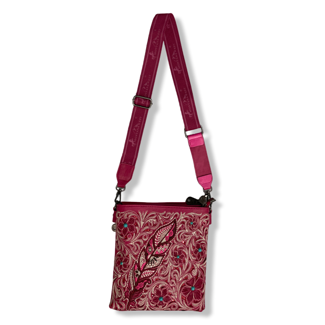 Pink Embroidered Floral Concealed Carry Crossbody Bag