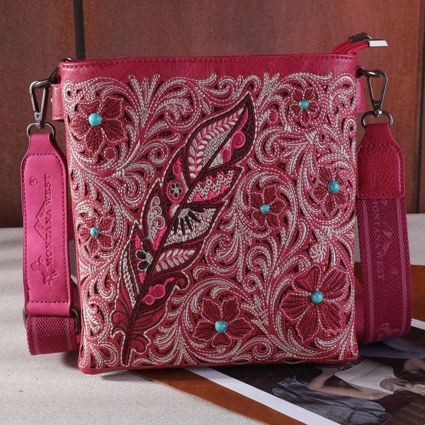 Pink Embroidered Floral Concealed Carry Crossbody Bag